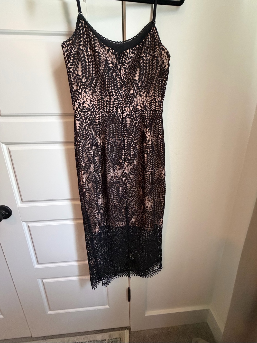 Dress the Population Black Lace Midi Dress with Nude Underlay